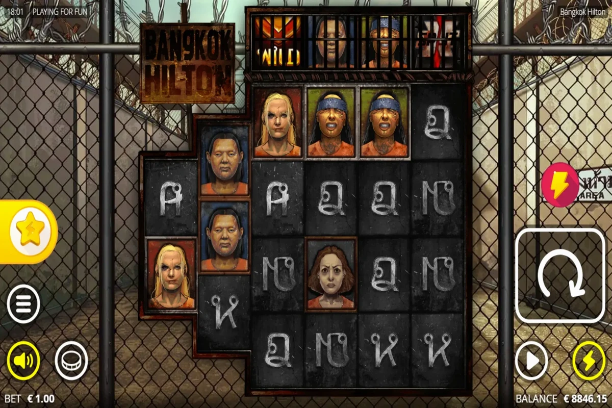 Bangkok Hilton slot base game showing Enhancer Cells above reels 3-6